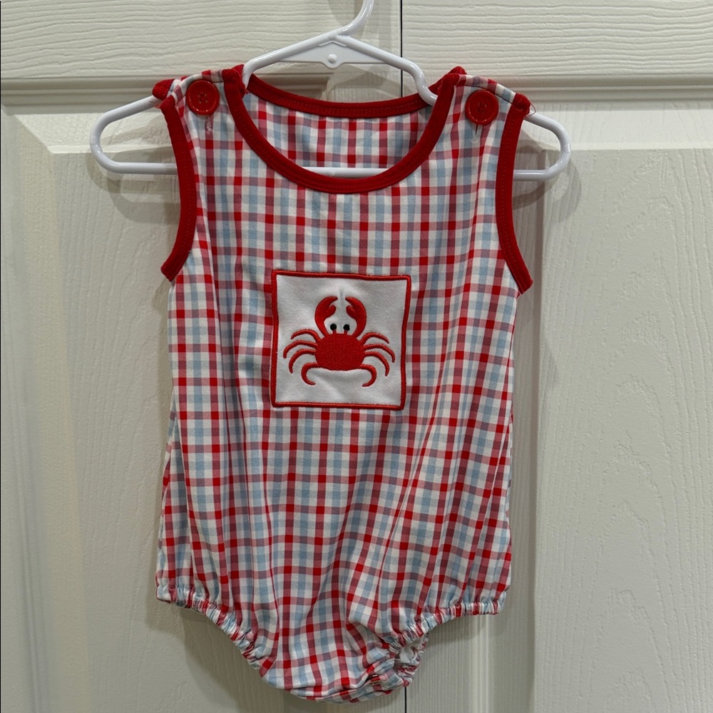 NWOT Red and White Crab Plaid Gingham Baby Bubble Romper 2T